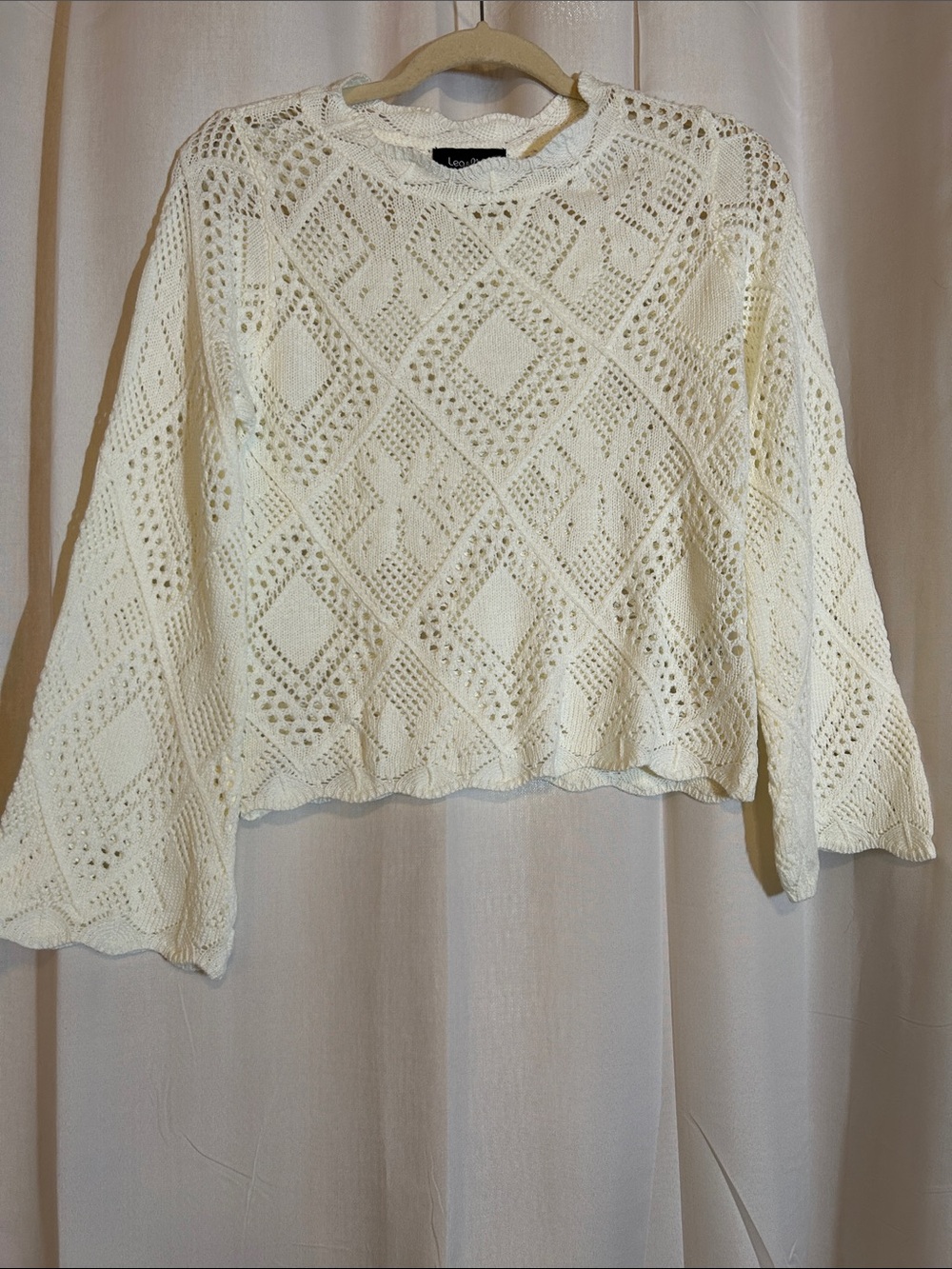 Lea & Viola Cream Openwork Diamond-Pattern Crewneck Sweater